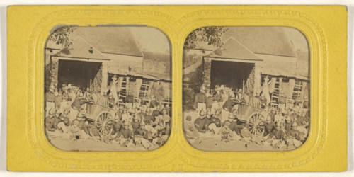 Group of firemen posed outside in front of station with wagon; Jules Marinier, French, active 1860s, 1855 - 1865; Hand-colored