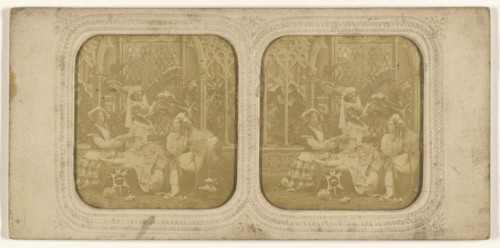Parlor scene with three women; about 1860; Hand-colored Albumen silver print