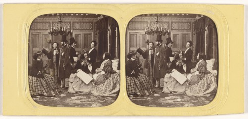 Parlor scene comprised of well-dressed people; about 1860; Hand-colored Albumen silver print