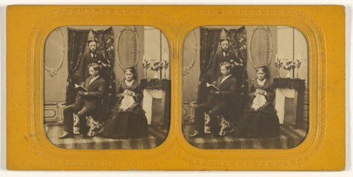 Parlor scene with two men and one woman; 1855 - 1860; Hand-colored Albumen silver print