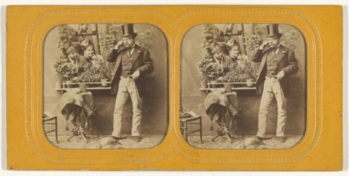 Well-dressed man in top hat twirling his moustache, two women gazing at him through an open window; 1855 - 1860; Hand-colored
