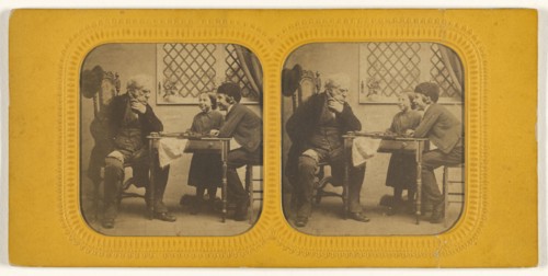 Elderly man playing checkers with two children; 1855 - 1860; Hand-colored Albumen silver print