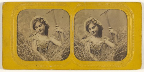 Little girl in field of hay holding a rake; 1855 - 1860; Hand-colored Albumen silver print
