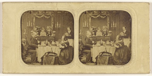 Elder man and woman at table eating, servant in background; 1855 - 1860; Hand-colored Albumen silver print