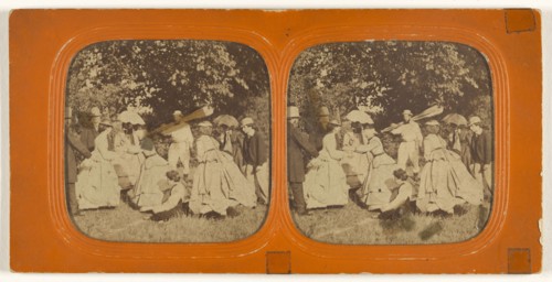 Group of well-dressed people outside, one man carrying oars; 1855 - 1860; Hand-colored Albumen silver print