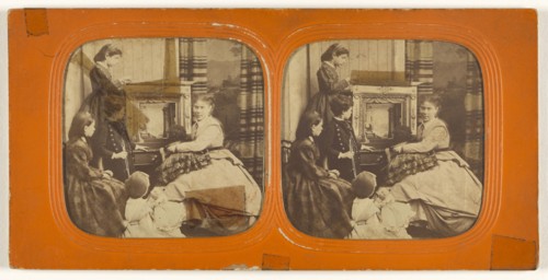 Parlor scene: women observing a painting; 1855 - 1860; Hand-colored Albumen silver print