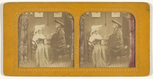 Young girl dressed as a nun with young boy wearing a cloak and three-corner hat; 1855 - 1860; Hand-colored Albumen silver print