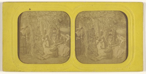 Group of people in a natural setting; 1855 - 1860; Hand-colored Albumen silver print