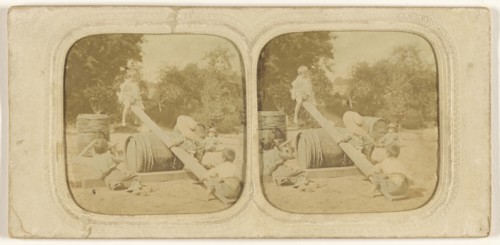 Children on makeshift see-saw; 1855 - 1860; Hand-colored Albumen silver print