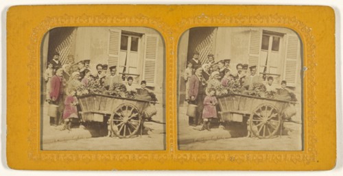 Group of people surrounding a cart of flowers; French; 1855 - 1860; Hand-colored Albumen silver print