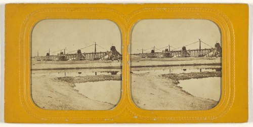 Bridge under construction; 1855 - 1860; Hand-colored Albumen silver print