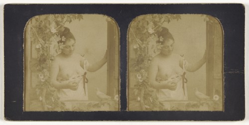 Woman in demure state, looking down, breasts exposed; French; 1855 - 1860; Hand-colored Albumen silver print