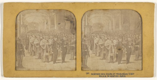Rentree des Cours et Tribunaux 3 Nov. Palais de Justice, Paris; French; about 1860; Hand-colored Albumen silver print
