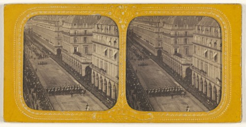 rue rivoli; French; about 1867; Hand-colored Albumen silver print