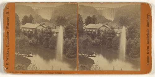 Glen Iris - Fountain - Portage R.R. Bridge in distance; L. E. Walker, American, 1826 - 1916, active Warsaw, New York