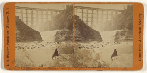 Portage R.R. Bridge and first fall of Genesee, from River bed, L. E. Walker, American, 1826 - 1916, active Warsaw, New York