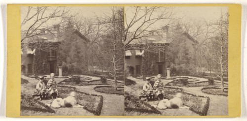 Children and dog posed on lawn, possibly at Watham, Mass; Henry F. Warren, American, active 1860s - 1870s, about 1870; Albumen