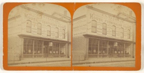 Exterior view of house-furnishing warerooms of F.S. Weeks, Jr; American; about 1870; Albumen silver print