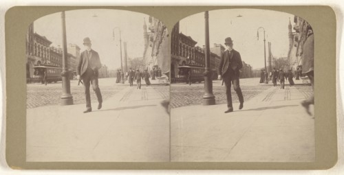 Elder white-bearded man with derby walking on Albany, N.Y. street; Julius M. Wendt, American, active 1900s - 1910s, 1900s