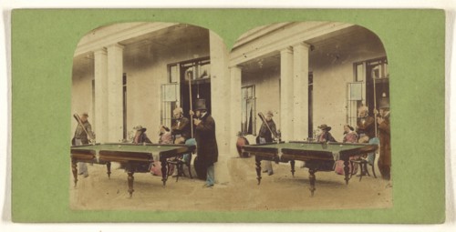 Men playing pool; about 1860; Hand-colored Albumen silver print