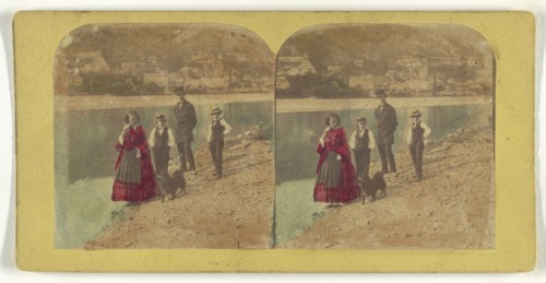 Family walking along shoreline with pet dog; about 1855 - 1860; Hand-colored Albumen silver print