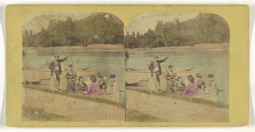Family in boat along shoreline; about 1855 - 1860; Hand-colored Albumen silver print