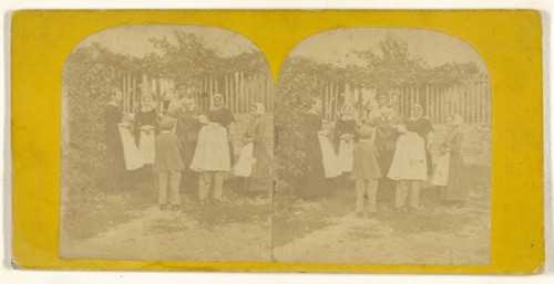 Group of people playing a game, one man is blindfolded; about 1855 - 1860; Albumen silver print