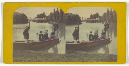 Family in rowboat on river, two rowers with them; about 1855 - 1860; Hand-colored Albumen silver print