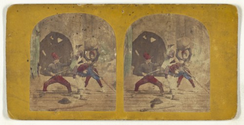 Genre scene: men fighting; about 1860; Hand-colored Albumen silver print