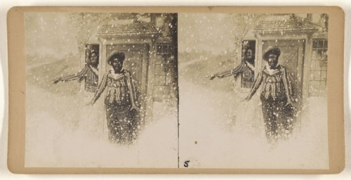 White men in blackface, one inside the house, the other caught outside in a snowstorm; about 1860; Albumen silver print