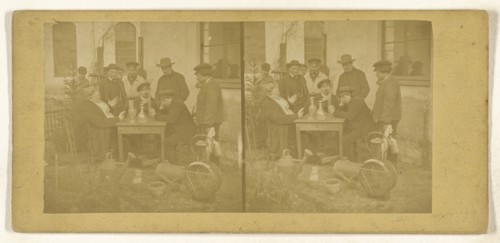 Men around a table outside, decanters on top; about 1865; Albumen silver print