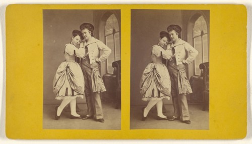 Man and woman in costume, semi-embraced; about 1860; Albumen silver print