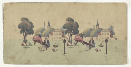 Optical illusion of a drawing of a couple on a see-saw; 1850s; Color lithograph