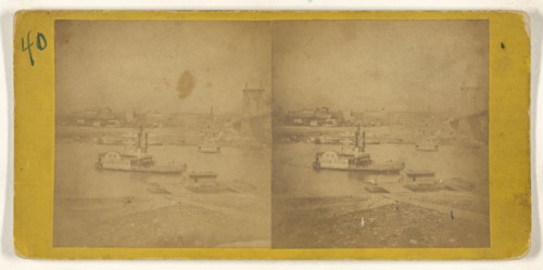 Cincinnati Susp. Bridge. Ferryboat the  Queen City, American; about 1870; Albumen silver print