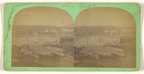 Sailboats docked at shoreline; American; about 1870; Albumen silver print