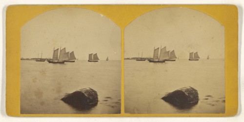 Sailboats in harbor, single rock in foreground; American; about 1870; Albumen silver print