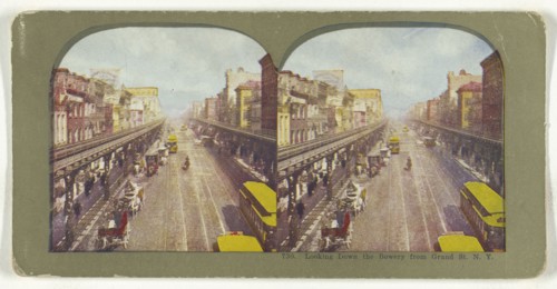 Looking Down the Bowery From Grand Street, N.Y; American; about 1905; Color Photomechanical