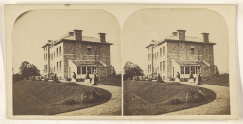 British manor, three women on walkway; British; about 1860; Albumen silver print