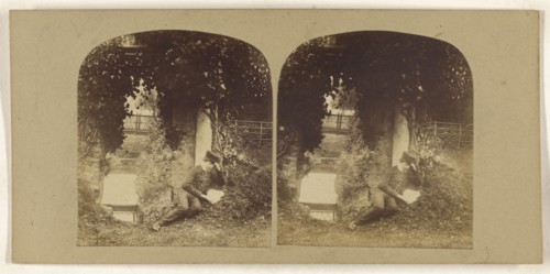Boy on ground reading a letter or book; British; about 1860; Albumen silver print