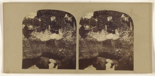 Woman seated on ground overlooking a brook, her reflection seen in the brook; British; about 1860; Albumen silver print