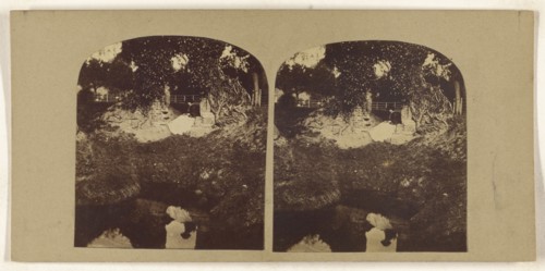 Woman seated on ground overlooking a brook, her reflection seen in the brook; British; about 1860; Albumen silver print