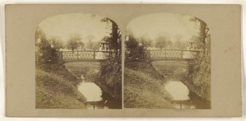 Woman crossing footbridge over stream; British; about 1860; Albumen silver print