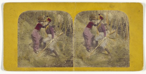 La Vie Militaire de Jean-Jean. Jean-Jean prend gout au metier; French; about 1865; Hand-colored Albumen silver print