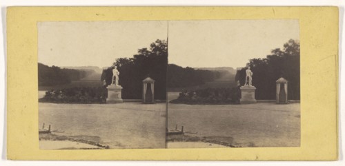 View of a French park, statue and small building in background; French; about 1865; Albumen silver print