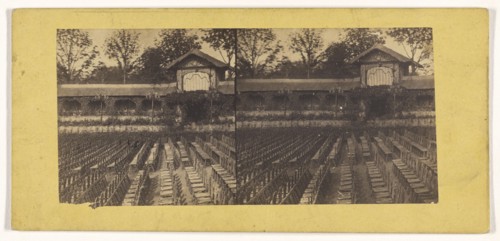 Chairs set up outside, probably for a concert, France; French; about 1865; Albumen silver print