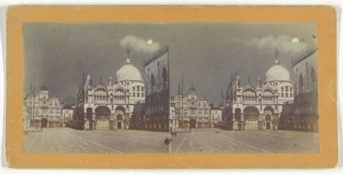 Piazzatta,St. Marks Church, Venice; Italian; about 1865; Hand-colored Albumen silver print