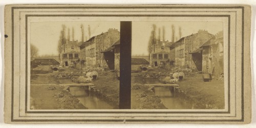 village with small moat and footbridges; about 1870; Albumen silver print