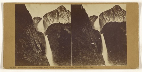 Yosemite Falls, 2634 feet high, Lost Arrow Mountain on the right, Yosemite Valley, Cal; American; about 1870; Albumen silver