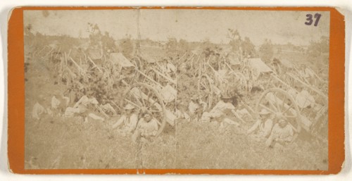 Red River Carts in Camp at St. Anthony, Minnesota. About 1857; American; about 1857; Albumen silver print