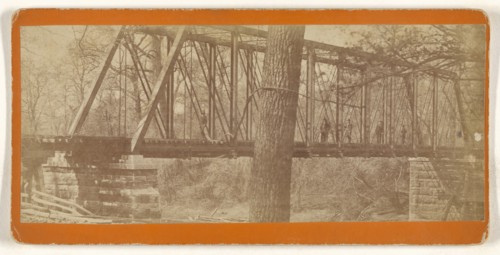 K.C.B. & S.F. R.R. Bridge over Neosho River at Burlington, Ks; American; about 1870; Albumen silver print